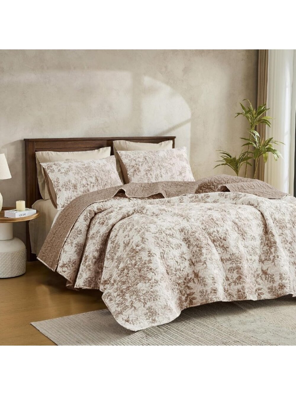 Taupe Floral King Quilt Set - 3-Piece Lightweight Cotton Bedding, Rustic